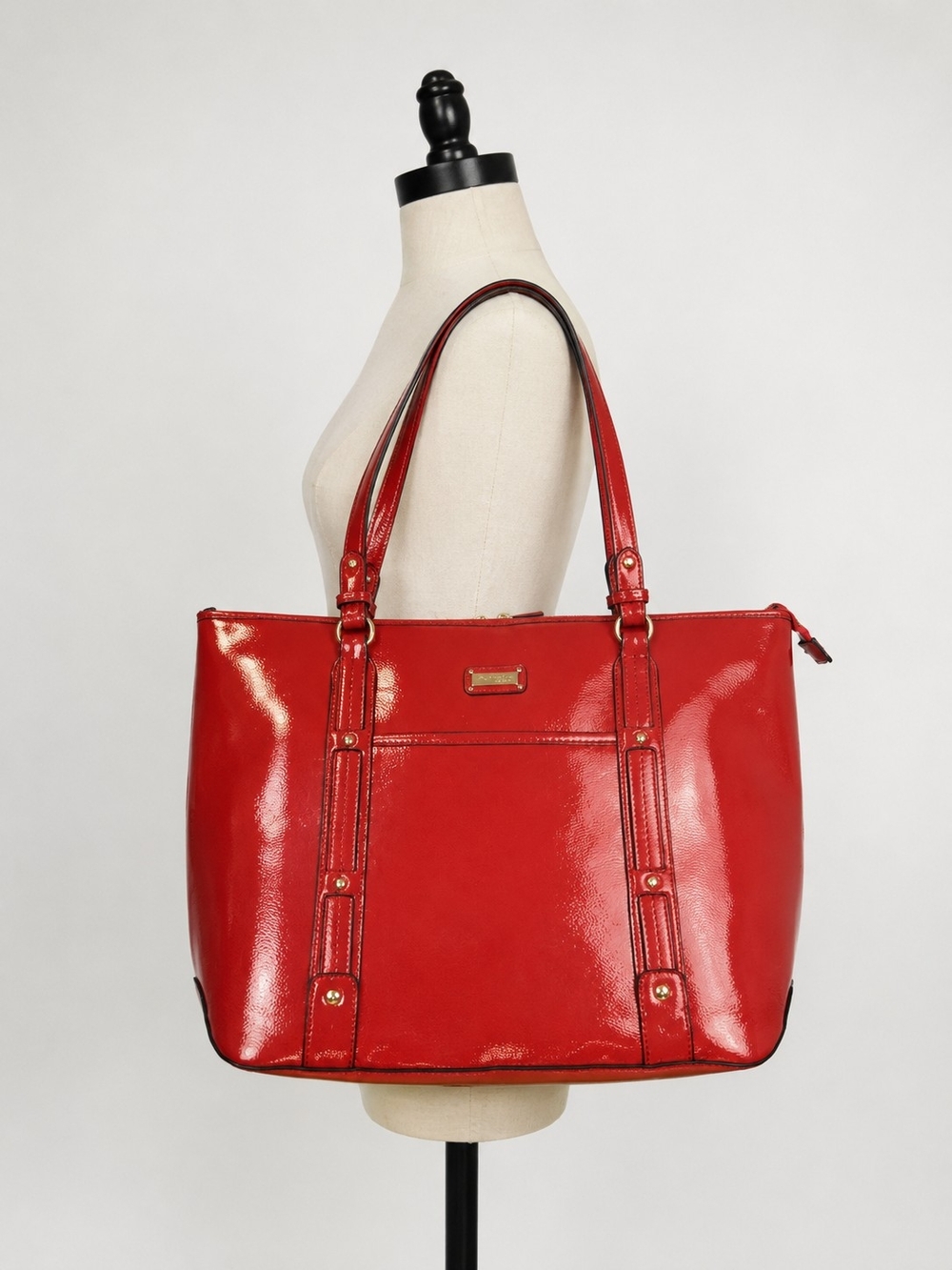 Nine & Co Patent Red Double-Handle Tote Bag with Front Pocket